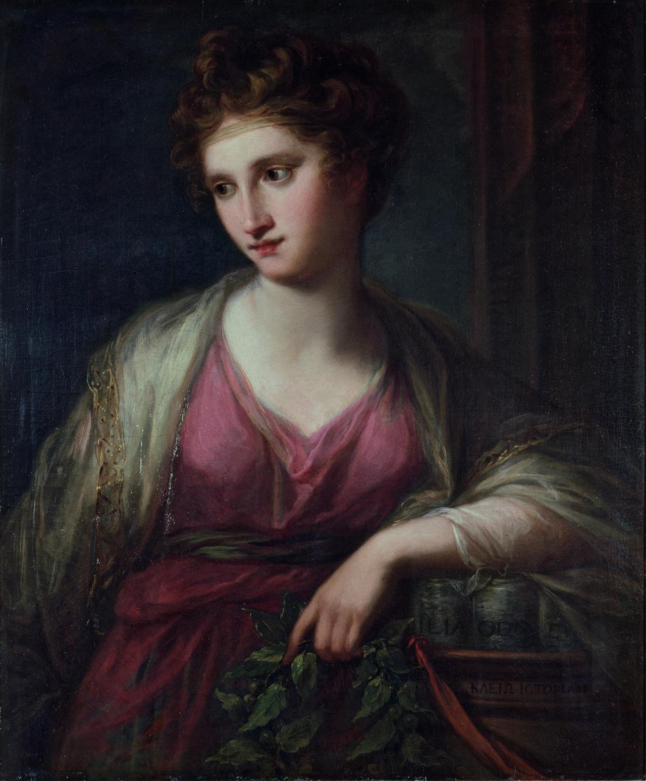 Zu sehen ist ein Gemälde, einer jungen Frau in rotem Gewand. Sie sitzt vor einem dunklen Hintergrund und hält in ihrer Hand einen Zweig. 
