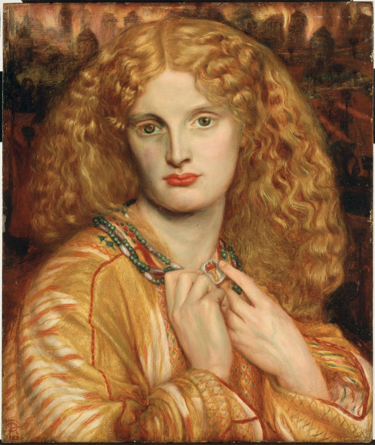 Dante Gabriel Rossetti (1828–1882), Helena von Troja, 1863, Öl auf Mahagoniholz, 32,8 x 27,7 cm - © Hamburger Kunsthalle / bpk, Foto: Elke Walford Ölgemälde, das das Portrait einer jungen Frau mit orangenem Haar, roten Lippen, orangenem Oberteil und einer grünen Perlenkette um den Hals zeigt. Das gesamte Bild ist bis auf die Perlenkette in Orange gehalten.