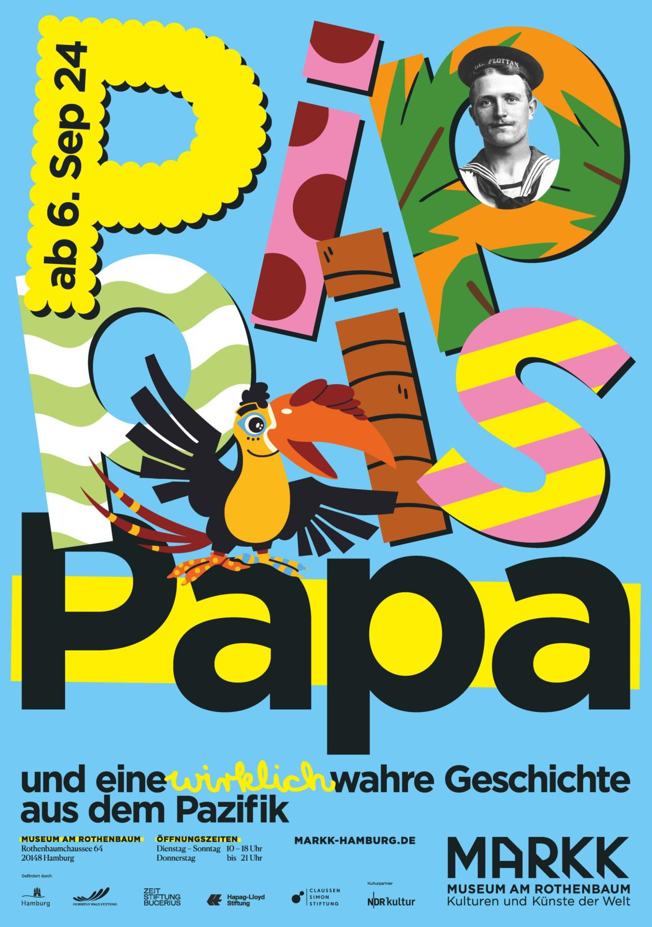  Plakatmotiv der Ausstellung „Pippis Papa“ bunt und fröhlich. Zu sehen ist der „Manu“ (Vogel), der Besucher:innen in der Ausstellung begleitet.