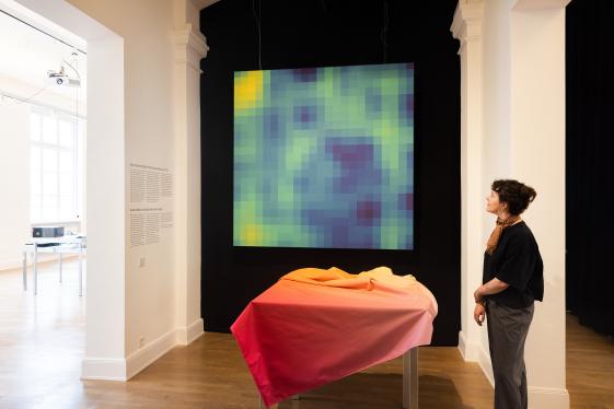 Ausstellungsansicht „Can You Hear It? Musik und Künstliche Intelligenz“, MK&G, Foto: Daniel Müller - © Daniel Müller Eine Besucherin steht vor einer sogenannten Kohonenkarte, einer Art Landkarte des Gehirns.