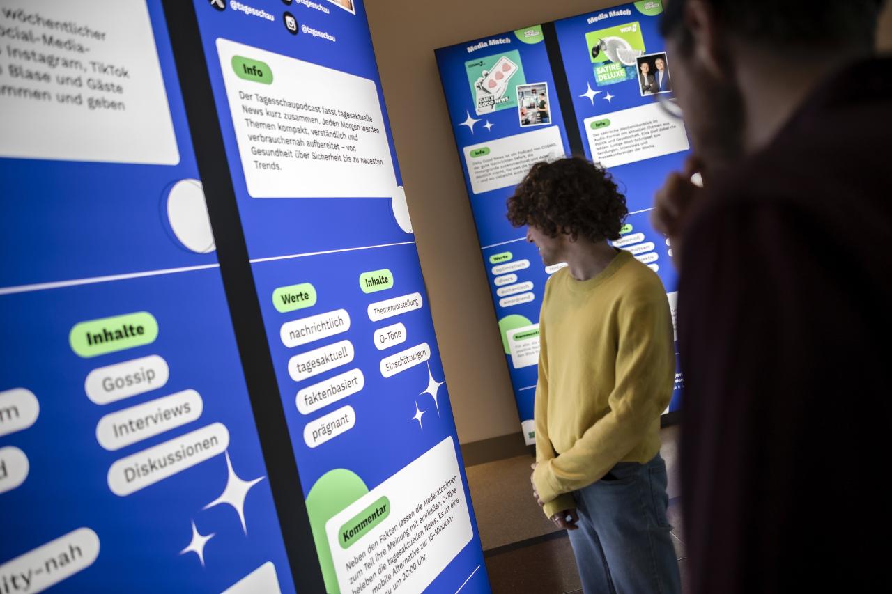 Zwei Jugendliche erkunden interaktive Medienstationen der Ausstellung „NACHRICHTEN – NEWS“. Spielerisch setzen sie sich mit unterschiedlichen Nachrichtenformaten auseinander und lernen, Informationen kritisch zu bewerten.