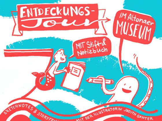 Sketchnotes & Storytelling mit Judith Ganter - © Judith Ganter Illustrationsdesign Zu sehen sind verschiedene Skizzen von einem lachenden Meermann, einem lachenden Tintenfisch und einem Boot in roter Umrandung und weißer Ausmalung. Der Merrmannn sagt MIT Stift und Notizbuch und der Tintenfisch sagt IM Altonaer MUSEUM. Der Hintergrund ist weiß und blau