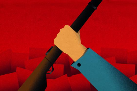 Key Visual - © Giraffentoast/SHMH, 2023 Die Grafik zeigt eine Hand mit einer Waffe vor einem roten Hintergrund.